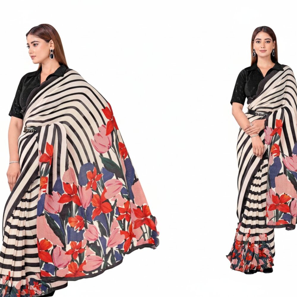 Elegant Women's Floral Striped Satin Silk Saree with Velvet Accents - Multicolor